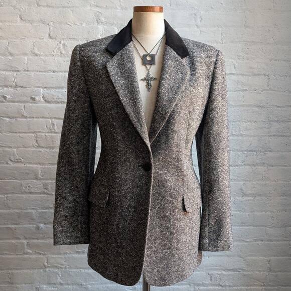 Vintage Gray Wool Blazer Tweed Herringbone Preppy Minimalist Velvet Jacket Large - Picture 1 of 10